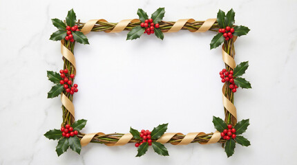 Festive Holiday Frame With Holly And Ribbon