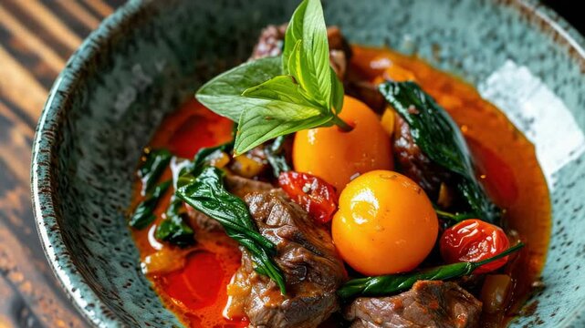 Delicious meat dish featuring tender cumin-flavored lamb in a rich broth, garnished with cherry tomatoes and spinach leaves. Served in a rustic ceramic bowl on a wooden table, ready to be savored.