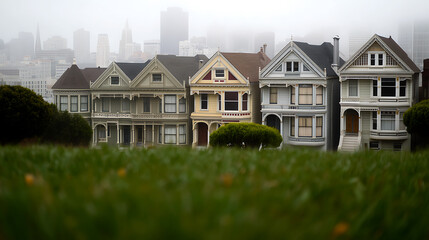 A picturesque view of iconic Victorian houses against a foggy cityscape. A row of colorful houses with unique architecture sits on a green field, creating a charming urban landscape.