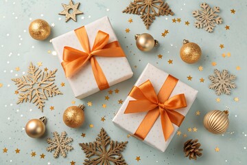 Top Down View of Two Christmas Gifts Wrapped in Gold and White on Light Blue Background with Decor. christmas gift boxes