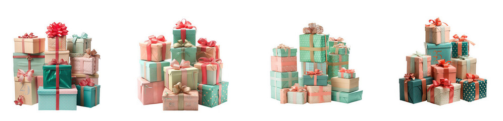 Fototapeta premium Four stacks of assorted colorful christmas or birthday gift boxes with ribbons and bows, isolated on transparent background