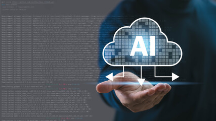 Hand presenting AI cloud icon with digital code background representing artificial intelligence, cloud computing, data processing, and modern technology solutions for innovation and automation.