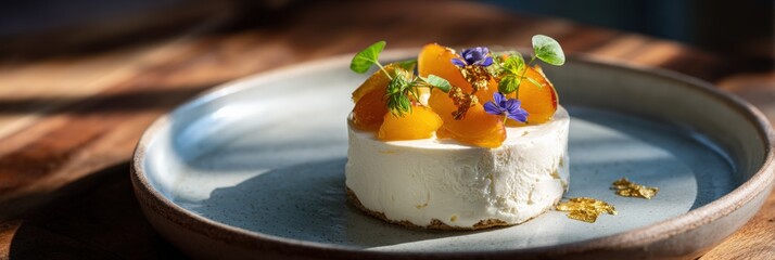 Gourmet cheesecake with apricots and edible flowers on ceramic plate