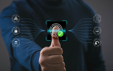 Thumb scanning biometric fingerprint authentication with digital security icons, representing identity verification, data protection, secure access, and advanced technology systems.