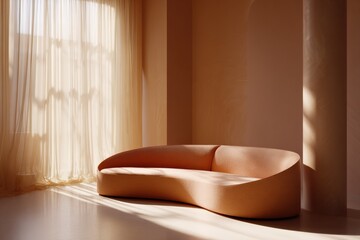 Naklejka premium Elegant modern curved sofa in sunlit minimalist living room interior design