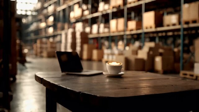 Holiday shopping season. Retail business promotion concept. A wooden table with a laptop and a cup of coffee on it. The scene is set in a warehouse with tall shelves filled with boxes.