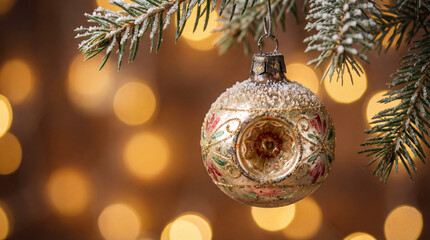 Vintage Christmas Ornament on Evergreen Branch