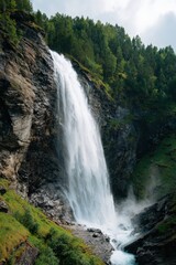 Majestic waterfall cascading down rocky cliff amidst green forest