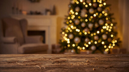 Cozy Christmas Living Room Background with Wooden Surface