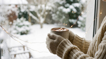 Cozy Winter Morning: Warm Drink & Snowy View