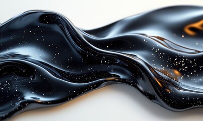 Glossy dark fluid wave with shimmering gold particles artwork illustration