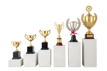 Golden Trophy Collection – Award Cups on Pedestals for Competitions & Achievements