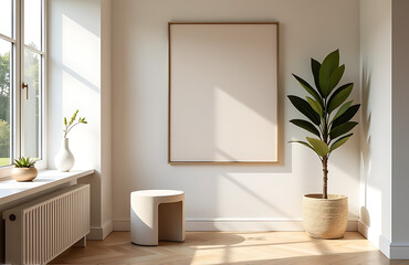 wide shot captures chic corner sanctuary featuring sleek sculptural stool placed beside statement piece artwork surrounded muted