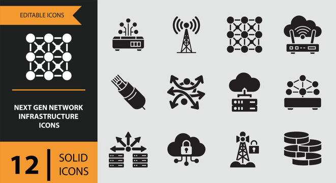 12 Next Gen Network Infrastructure Icons solid icon set. Next generation network infrastructure solid icons collection