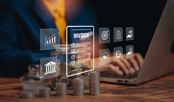 Financial management concept, hands typing with digital invoice icons and money stacks, budgeting analysis, cost control workflow, revenue planning, operational finance accuracy.