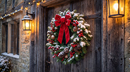 Festive Christmas Wreath on Rustic Wooden Door