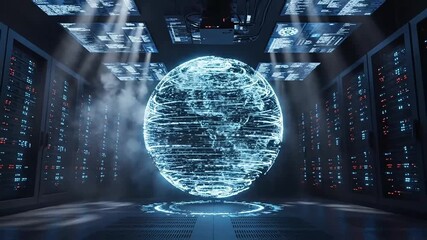 Futuristic data visualization in a server room with glowing blue and red digital elements - Powered by Adobe