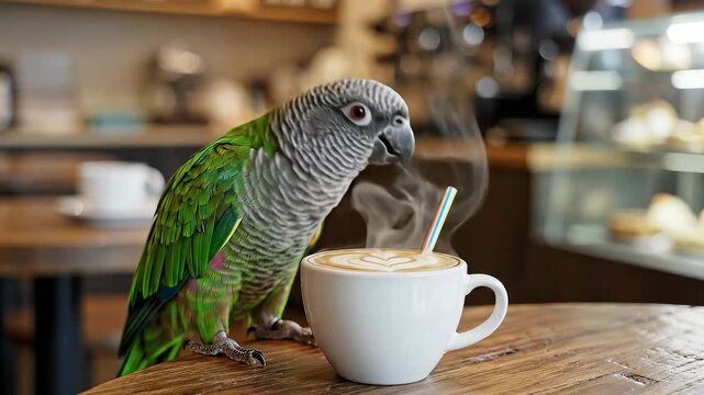 Parrot enjoys a hot latte at a cozy cafe