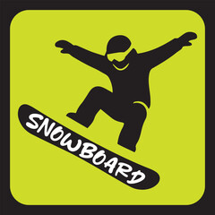 Snowboarder silhouette performing jump on green background