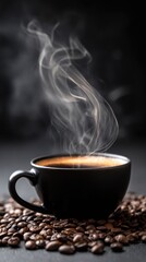 Fototapeta premium A dark-colored coffee cup sits on a bed of roasted beans; steam elegantly rises from its surface against a dark background