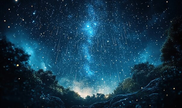 Vibrant celestial spectacle: night sky with glittering starfall illustration