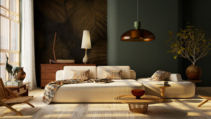 Warm Japandi living room interior with natural sunlight, earthy wooden furniture, cozy seating and tranquil minimalist ambiance. 3D illustration