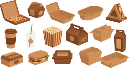 Vector Collection of Eighteen Takeaway Food Delivery Boxes and Containers in Brown Tones, Including Pizza, Burger, Popcorn, and Drink Cups, Ideal for Fast Food and Delivery Services