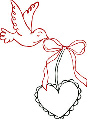 Whimsical Hand Drawn Dove Flying with Heart Cherry and Ribbon Illustration