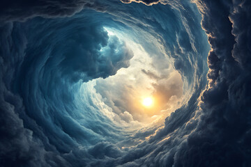 Dramatic Storm Tunnel with Bright Light at the End Surreal Cloud Vortex Sky