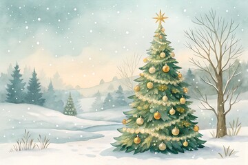 Watercolor Painting of Decorated Christmas Tree in Snowy Winter Landscape Background. christmas tree in snow