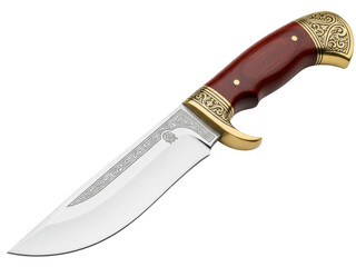 Isolated ornamental hunting knife with a wooden handle and golden guard isolated on plain backdrop