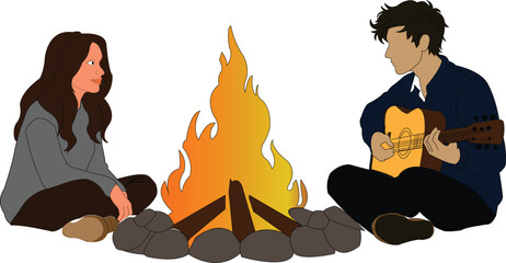 Young couple sitting by a campfire with one playing guitar night outdoor