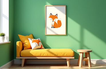 warm sunny nursery bright green wall backdrop featuring bench pillow atop rustic wooden