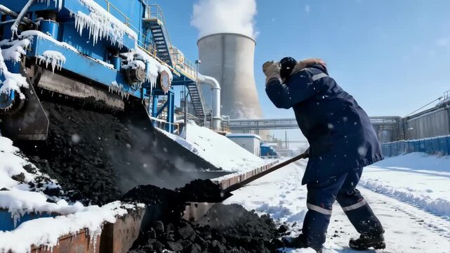 Winter scene with operators dressed warmly managing ash disposal equipment amidst snowy power plant grounds highlighting seasonal challenges.