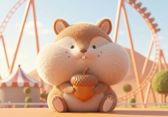 Adorable fluffy chipmunk holding a big acorn, radiating joy and innocence in a colorful amusement park scene, perfect for playful or children’s content.