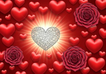 Radiant ornamental silver heart shines at the center, surrounded by vibrant red hearts and roses, creating a romantic and dreamy atmosphere ideal for Valentine's Day themes.