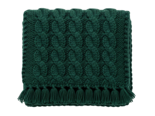 Isolated green chunky cable knit throw blanket, soft and warm texture winter home decor