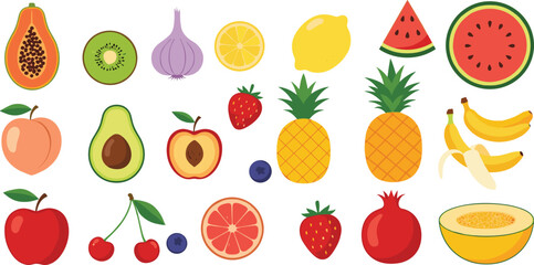 Vector Collection of Various Fruits, Berries, and Produce, Including Papaya, Watermelon, Pineapple, Banana, Avocado, and Lemon, Ideal for Healthy Eating, Food, and Diet Concepts