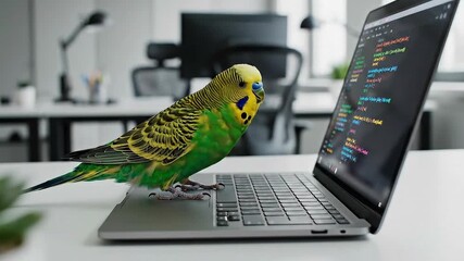 Budgie parrot working on a laptop programming code in a modern office