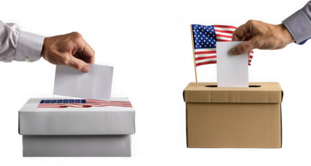 Hands casting ballots into two different ballot boxes, one white and one cardboard box with an american flag, isolated on white isolated on transparent background
