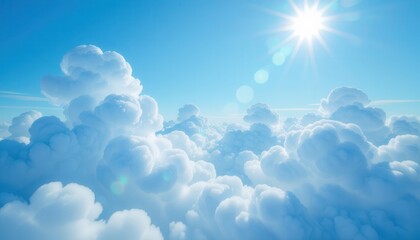 Bright blue sky with fluffy white clouds and a shining sun. The scene conveys a sense of tranquility and openness, ideal for nature themes.