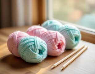 Colorful yarn balls in pink and mint green with wooden knitting needles on a wooden table near a window.