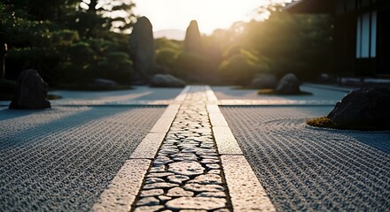 Serene Stone Path in a Japanese Zen Garden at Sunset.