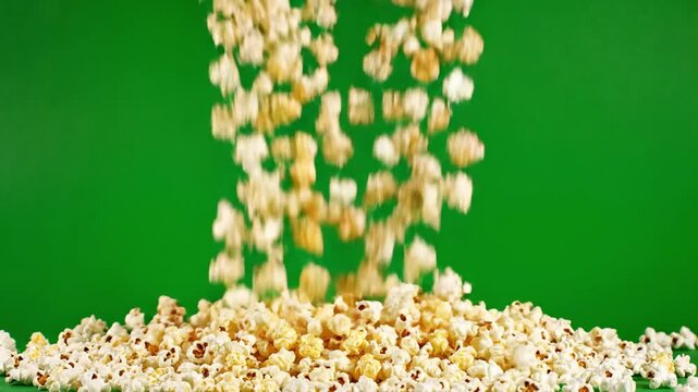 Freshly popped white and yellow salty popcorn kernels fall in a chaotic stream into a large heap isolated on a green screen chroma key background for easy composite editing.