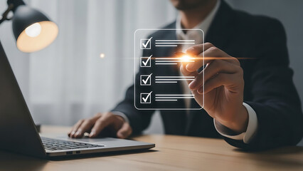 Professional checking items on a glowing digital checklist interface, representing business quality assurance or project management.