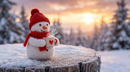 Fototapeta premium Knitted snowman with red hat and scarf holding hot mug with heart. Winter scene with warm drink for cozy Christmas holiday.