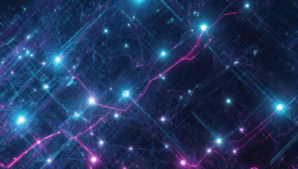 Obraz premium Abstract glowing network with teal and magenta lines and dots on a dark background