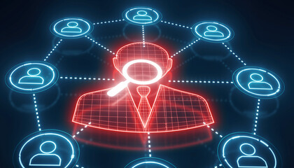 Network Connection: Visual metaphor of networking, surveillance, analysis, target, communication, technology, connections and global reach.