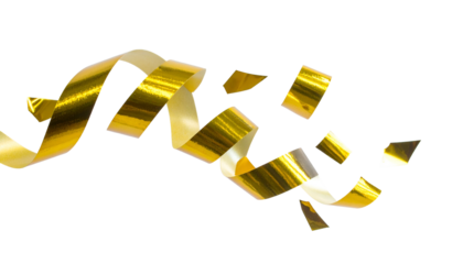 Shiny gold ribbon swirls and confetti fragments against a black backdrop, floating