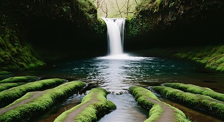 Serene Waterfall Scene with Mossy Rocks and Lush Greenery.